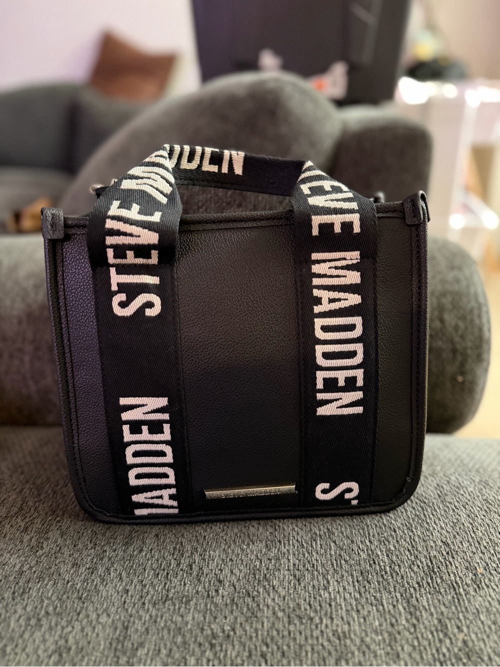 Steve Madden Black Messenger Bag with White Logo Strap